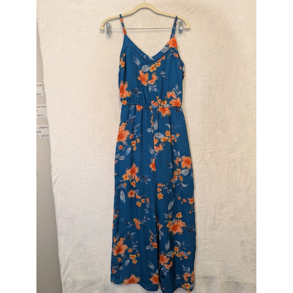 Skies Are Blue Floral Jumpsuit‎ Teal Orange Petal Wide Leg Smocked Waist SP